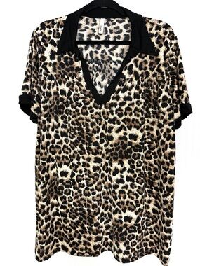Celeste Leopard Print V-Neck Blouse with Black Trim Size XL